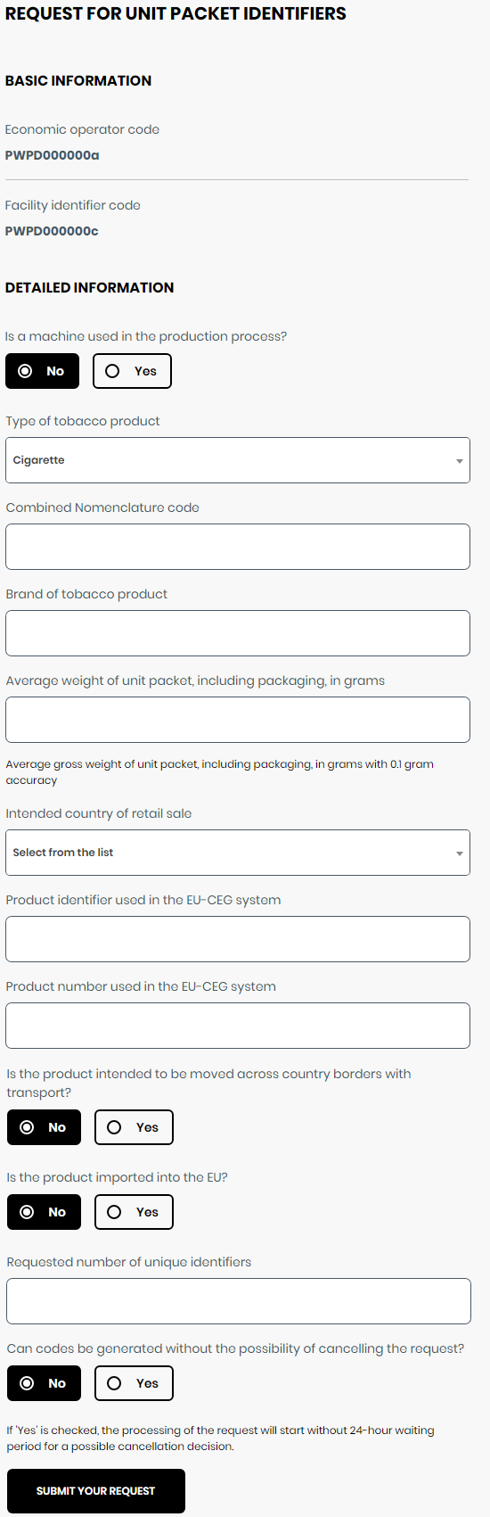 Application for unit pack identifiers